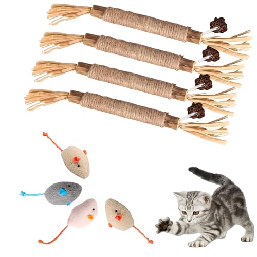 LandReCol Katzenspielzeug mit Katzenminze – 8-teiliges Set mit 4 Matatabi-Sticks (22 cm) & 4 Plüschmäusen – Zahnpflege & Spielzeug für Katzen, Natürliche Materialien LandReCol Katzenspielzeug mit Katzenminze – 8-teiliges Set mit 4 Matatabi-Sticks (22 cm) & 4 Plüschmäusen – Zahnpflege & Spielzeug für Katzen, Natürliche Materialien