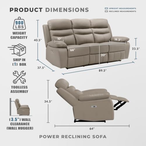 Image of Lexicon Recliner Sofa for Living Room, Double Reclining RV Couch, Power Wall Hugger Recliner Home Theater Seating Leather Match Reclining Sofa, with USB Charge Port, 86.5''W Sofa, Latte