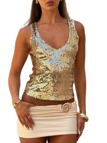 Sequin Tank Tops for Women Y2k Sleeveless Sparkly Glitter Cami Crop Top Sexy Summer Beach Party Clubwear