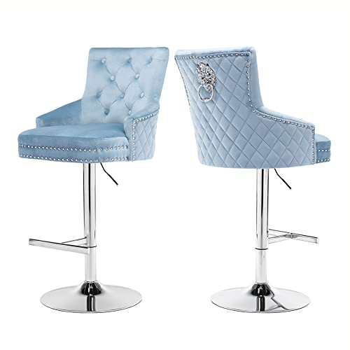 Gatosig Kitchen Counter Height Bar Stools Set Of 2, Adjustable Swivel Barstools With Back, High Tufted Arm Bar Chairs With Stainless Steel Footrest (Light Blue) #TOP17