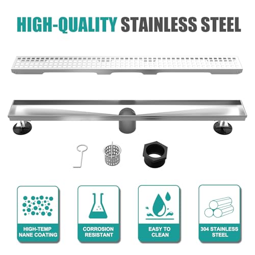 Image of BARONAGE 36 Inch Linear Drain Shower Rectangular Floor Drain with Removable Square Hole Cover and Hair Catcher, Long Shower Drains 304 Stainless Steel CUPC Certified (Brushed Nickel)