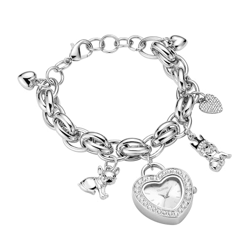 TIME100 Montre Bracelet pour Femme avec Cadran en Forme de cœur et Breloques décoratives, boîte Cadeau Incluse, Argenté
