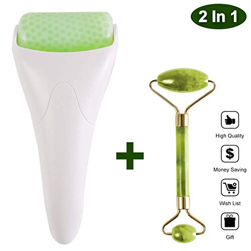 Face Ficial Jade Ice Roller  Natural 100% Real Jade Roller Anti Wrinkle Gua Sha Tool With Cooling Ice Roller for Face & Eye Puffiness Migraine Pain Relief Facial Massager Treatment Gifts for Women