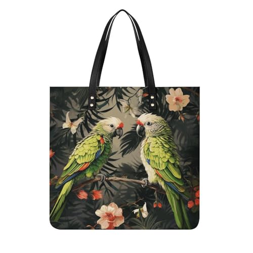 Sac à main en cuir imperméable grand cabas motif perroquets Olive