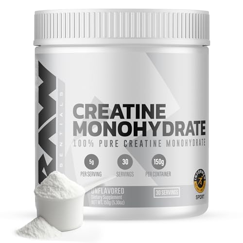 RAW Nutrition Creatine Monohydrate Powder, Unflavored (30 Servings) - Micronized Creatine Monohydrate Supplement for Workout Performance, Build Muscle & Strength - Creatine Powder for Men & Women