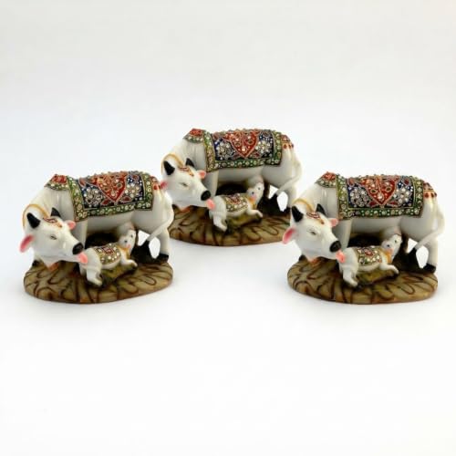 Image of JIYANSH Creation Dust Polyresin Decorative Marble Kamdhenu Cow and Calf Big Handcrafted Statue (3)