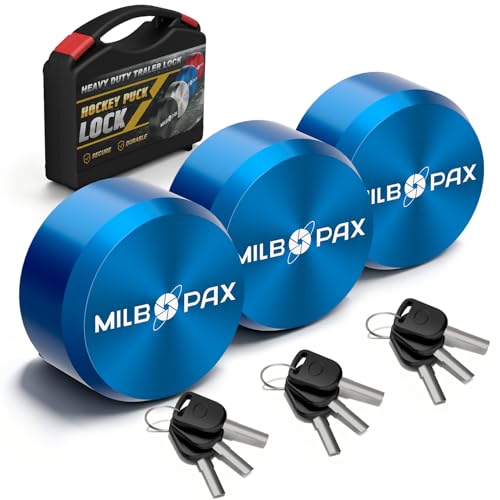 Trailer Door Lock Keyed Alike Puck Locks for Trailers Vans & Sheds Push-to-Lock Mechanism Hidden Shackle Design Heavy-Duty Enclosed Trailer Locks (Blue 3 Pack 9 Keys)