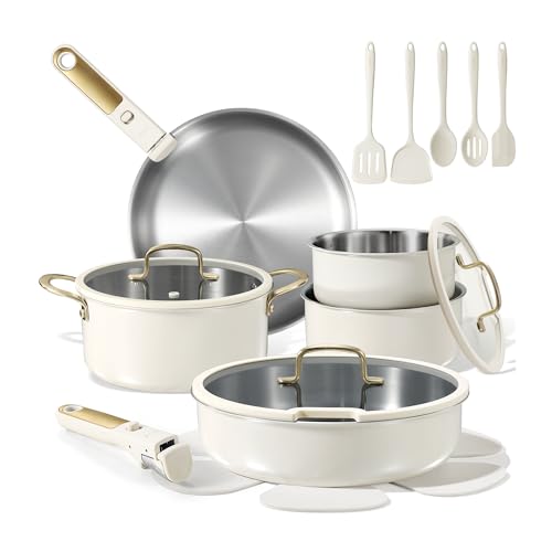 CAROTE 19pcs Tri-Ply Stainless Steel Cookware Set with Detachable Handle