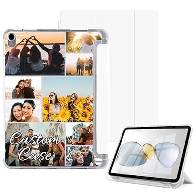 Custom Picture Case for iPad Pro 11-Inch M5/M4 2025/2024 (6th/5th Gen) with Pencil Holder Personalized Photo Collage Flip Cover Soft TPU Clear Back Slim Stand Shell Smart Auto Sleep/Wake, White