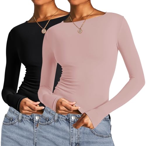 Image of AKEWEI Long Sleeve Crop Tops for Women 2 Pack Fall Going Out Outfits Cute Tight Basic Tees Shirt
