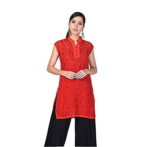 Awadh Chikan Craft Women's Acc Tunic Indian Chikan Kurtis For Party Wear Georgette Top Blouse Shirt Embroiderd 44 Chest: Body 40-Garment 44 Red