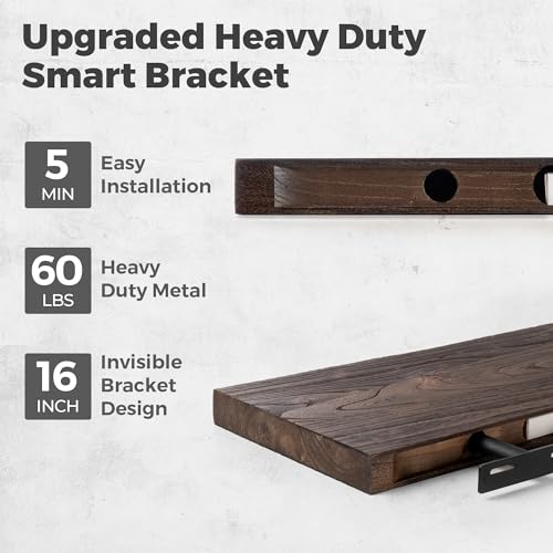 Image of RICHFOCUS Live Edge Elm Floating Shelves - 48 inch W x 9.3 inch D Rustic Solid Wood Wall Shelves with Invisible Bracket, Wall-Mounted for Living Room, Bedroom, Kitchen Storage & Display, Set of 1, Walnut
