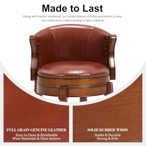 Butacos de barra CozyRain de madera de caucho, con tapizado en cuero genuino, giro de 360°, respaldo y reposapiés, para cocina, comedor y sala (juego de 2, color marrón, altura del asiento 29.5 pulgadas) miniatura 5