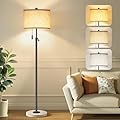 FUNNYBEHOM Floor Lamp for Living Room - Adjustable Height Standing Lamp with Marble Base & Linen Shade - Tall Pole Floor Light with 3 Color Temperatures Bulb for Bedroom, Reading - Easy Assembly
