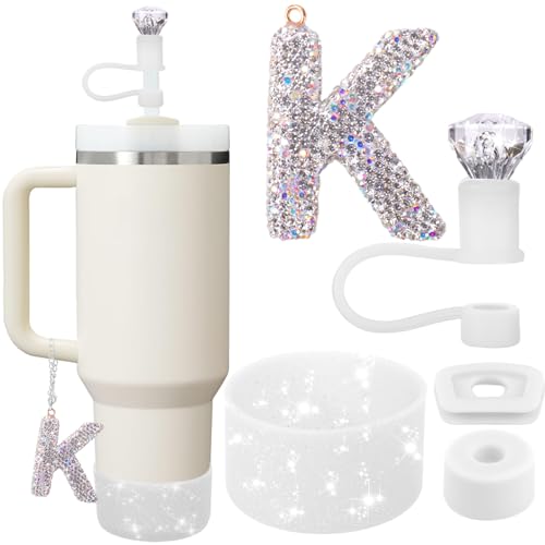 Mity Rain Set for Stanley Cup Accessories, Letter Charm, Including Diamond Straw Topper, 2 Pcs Silicone Spill Proof Stopper, Sparkly Silicone Boot Set 40/30OZ (WHITE K)