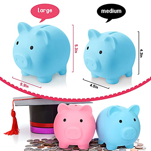 2 Pieces Cute Piggy Bank Cute Plastic Pig Money Bank Adults Unbreakable Piggy Bank Pig Money Box Coin Bank Plastic Saving Coin Box For Boys Girls Kids (Blue, Pink,L) #TOP25