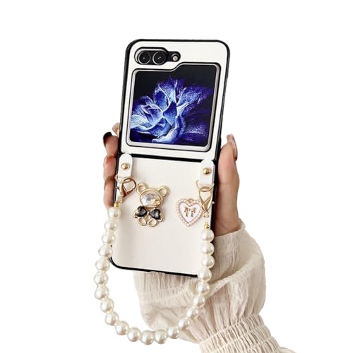 GO-VOLMON Cute Cartoon Case for Samsung Galaxy Z Flip 5 with Pearl Strap, Fashion Women Case for Z Flip 5 with Metal Bling Bear and Love, Girly Wristband Case Girly Case for Z Flip 5