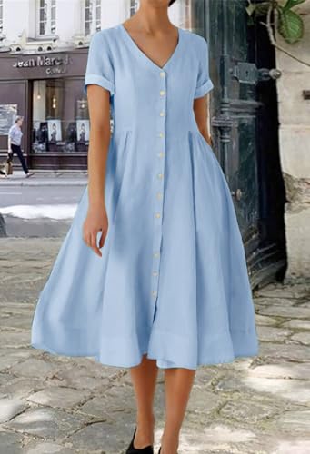 chouyatou Women's Summer Fit and Flare Swing Cotton Dress Casual V-Neck Button Down Beach Midi Dress2
