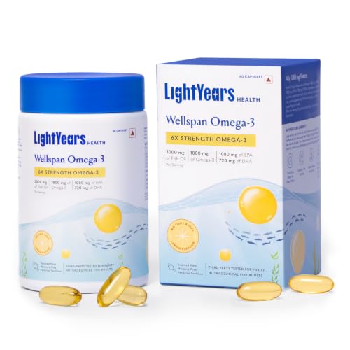 Image of LightYears Wellspan Omega 3 Fish Oil Capsules | 6X Strength | 3000 mg Fish Oil with 1800 mg EPA DHA for Men & Women | Mercury-Free | Lemon Flavoured for No Fishy Burps | 3rd Party Tested | 60 Capsules