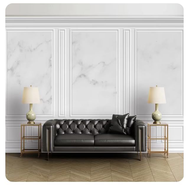 Papier peint panoramique effet marbre blanc trompe l'œil 3D pour salon chic 350x256 cm