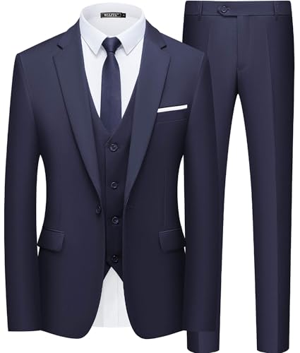 Image of WULFUL Men's Slim Fit Suit One Button 3-Piece Blazer Dress Business Wedding Party Jacket Vest & Pant