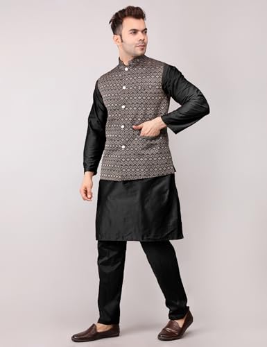 Image of Men's Cotton Silk Blend Regular Kurta Pyjama, Embroidered Nehru Jacket /Waistcoat Set