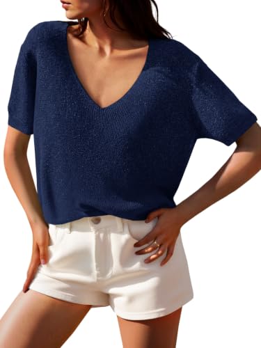 Image of Saodimallsu Womens Short Sleeve Sweater Summer V Neck Casual Tops Lightweight Loose Knit Pullover Shirts