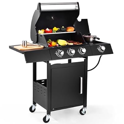 RYHOFOUD Q042-3-Burner w/Side Burner Gas Grill with 241 SQ.IN. Outdoor Grill with 36,000 BTU,Propane Grills with Top Cover Lid,Grills Outdoor Cooking for Patios,Balcony,Camping,Garden