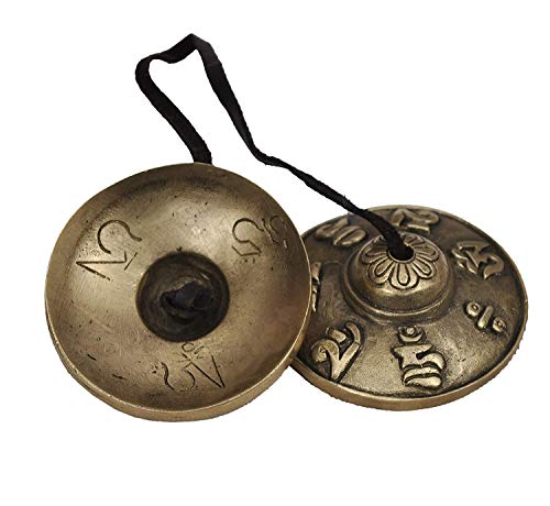 Hand Tuned Meditation Tibetan Tingsha Cymbals Bell - Musical Instruments Manjeera - Traditional Percussion Instrument Indian Folk Devotional Music -Om Mane Padme Hum Symbols Embossed #TOP2