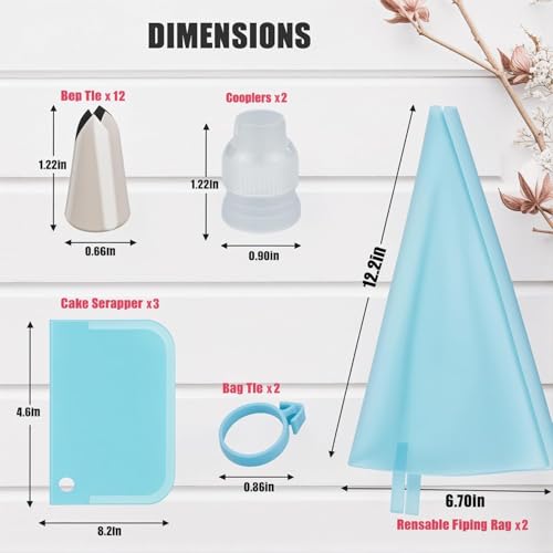 Image of Preptep Piping Bags and Tips Set, Reusable Cake Decorating Supplies with 2 Reusable Bags, 12 Icing Tips, 2 Silicone Rings, 2 Couplers and 3 Scrapers, Cake Baking Tools for Cookie Icing Cupcakes
