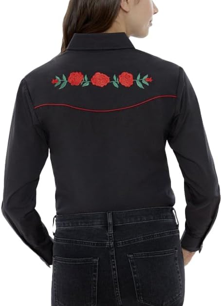 【セール】ELY CATTLEMAN レディース 長袖 ウエスタンシャツ レッドローズ刺繍 US サイズ: XX-Large カラー: ブラッ