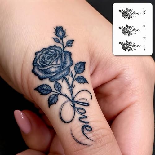 Image of 20 Sheets Black Tiny Infinity Rose Flowers Butterfly Temporary Tattoos For Women Adults Temp Tatoo Sticker, Realistic Small Arrow Crescent Moon Sun Star Fake Tattoos For Finger Hands Waterproof Decals