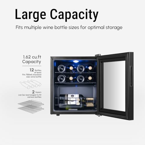 Image of Yeego Wine Fridge, 12 Bottles Wine Cooler Refrigerator, 38-65℉ Freestanding Mini Fridge with Glass Door, Freestanding /Under Counter Wine Cooler for Home, Kitchen, Office, Dorm