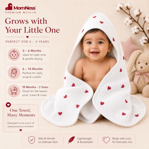 Image of Baby Hooded Bath Towel 100% Cotton Muslin 76x76 cm, 0-3Y, Newborn | 4-Layer Crinkle Fabric, Ultra Absorbent, For Ages 0-3 Years, Unisex