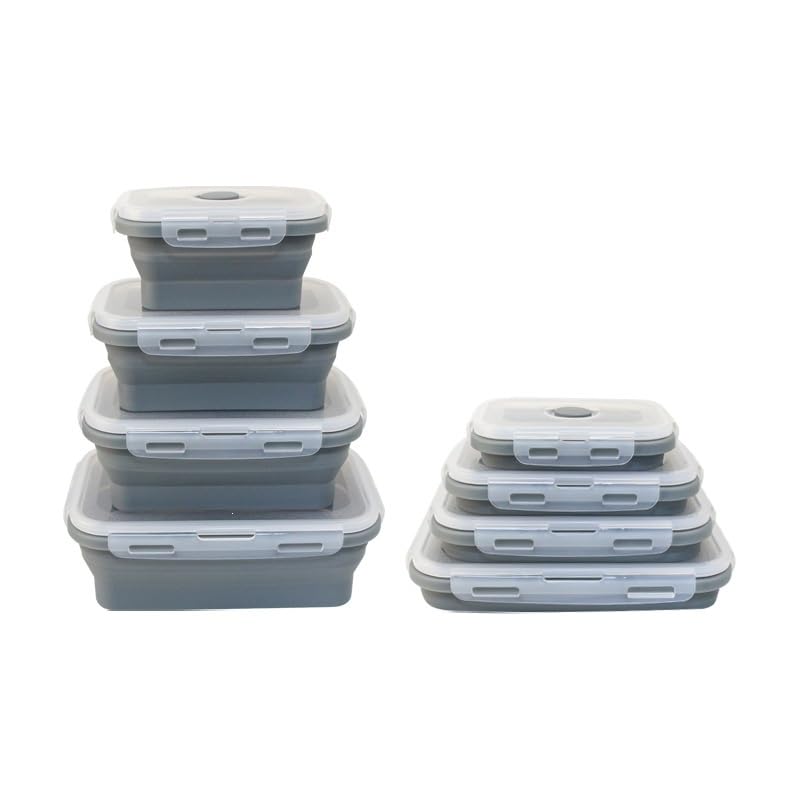 Contenitori pieghevoli en silicona ermetici per alimenti, set da 4 con coperchio a prova di perdite, riutilizzabili per preparare pasti, adatti a microondas, congelatore e frigorifero (gris blanco)
