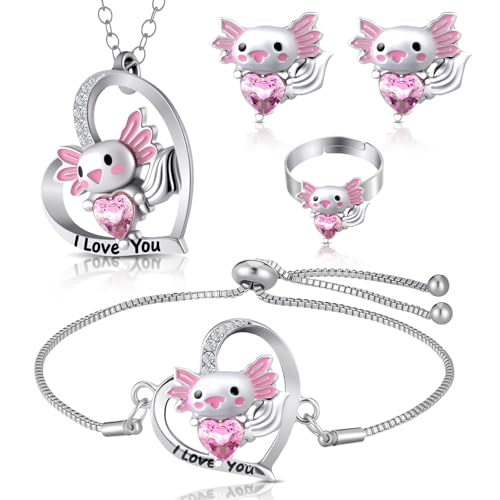 Herdear 4 Pcs Girl Unicorn Axolotl Jewelry Set Necklace Bracelet Ring Clip on Earrings Crystal Pendant Gifts for Toddler(Silver Cute Axolotl)