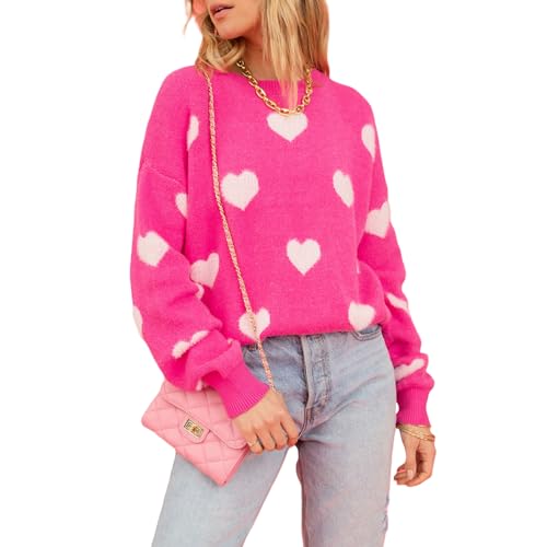 Image of Women's Valentine Love Print Heart Fun Sweater Casual Crewneck Long Sleeve Knit Sweatshirts Pullover Tops