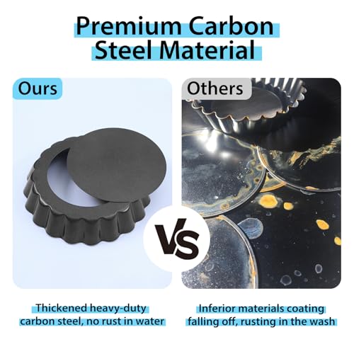 Mini Tart Pans with Removable Bottom 4 inch Set of 10, Non-stick Round Quiche Pan Heavy Duty Carbon Steel for Mousse Cakes, Christmas Dessert Baking with Silicone Scrubber