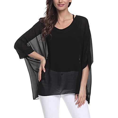 Image of Ckikiou Plus Size Batwing Flowy Semi Sheer Chiffon Blouse Tunic for Women Summer Floral Print Boho Beach Cover ups
