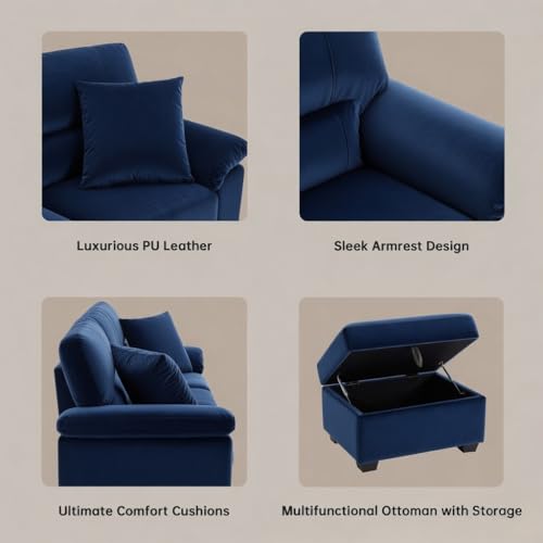 Image of Anderson Sofa Set for Living Room | Sectional Sofas | Premium Leather Sofa for Home Office | Leather Sofa Set | Leatherette Sofa (Blue Fabric, 3+2 Seater with Ottoman)
