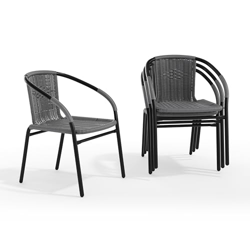 Image of EMMA + OLIVER Set of 4 Modern PE Rattan Stack Chairs, Indoor /Outdoor Patio Dining Chairs, No Assembly Required, Gray