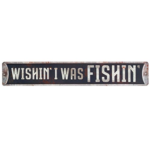 Open Road Brands Wishin' I was Fishin' Embossed Metal Street Sign - Vintage Fishing Wall Art for Man Cave, Garage or Cabin