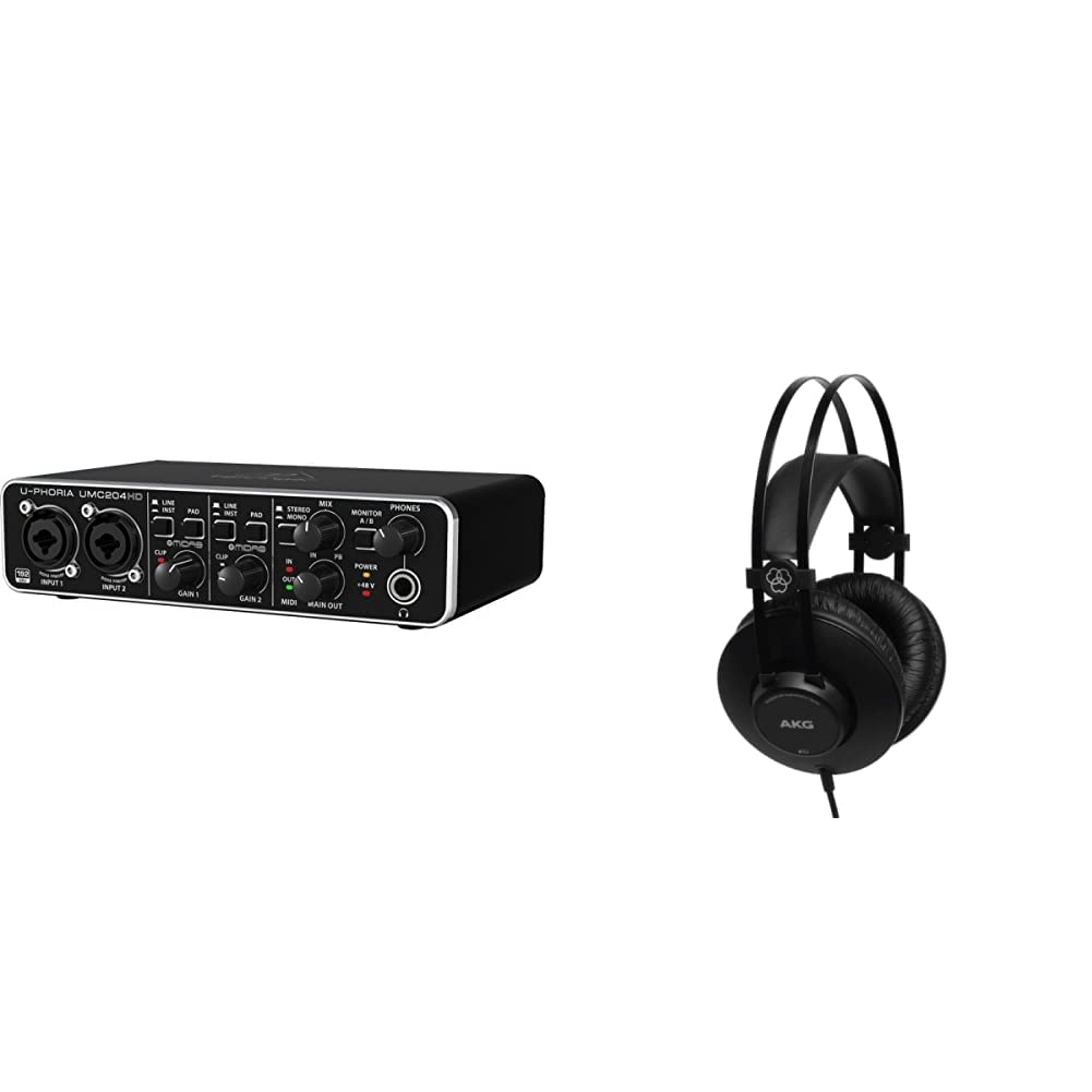 Behringer U-PHORIA UMC204HD, scheda audio/interfaccia MIDI 2x4 USB, 24-Bit/192 kHz, con preamplificatore microfonico Midas per audiofili & AKG K52 Closed Back Cuffie, Nero