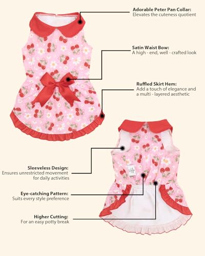 Image of CuteBone Cute Cherry & Daisy Pet Dress with Peter Pan Collar - Pink Sweet Pattern - Sleeveless Ruffled Skirt with Bow for Small Dogs, Cats - Summer & Daily Wear