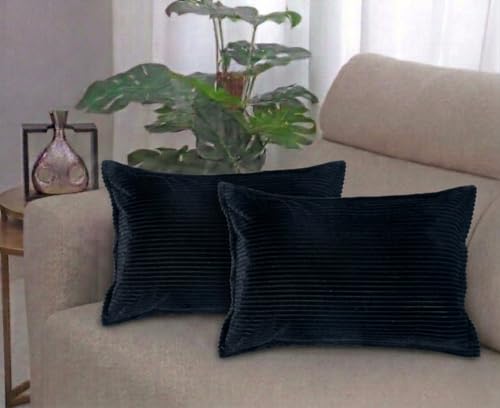 Image of RD TREND Corduroy Cushion Cover Set of 2, Striped Double Sided Decorative Throw Pillowcases for Sofa, Bed & Living Room Rectangular Long Cushion Covers 18x28 inches | Black