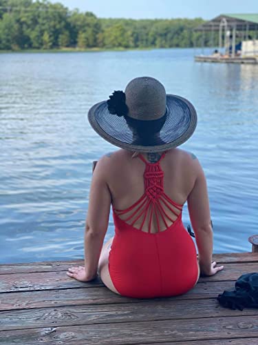 Hilor Women's Shirred Halter One Piece Swimsuits Macrame Back Swimwear Solid Bathing Suit Coral Red 8 #TOP1