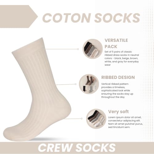 bony&katia Ribbed Dress Socks, 5 Pairs, Neutral Colors - Black, Beige, Brown, White, Gray2