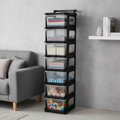 Image of Aliensware 7Layer Plastic Storage Drawer Organizer with Wheels, Modular Cabinet for Home, Office, School, Hospital, Parlor, Morden Kitchen,Clothes, Toys Organiser for Kids Room-Aliens-Clear Black