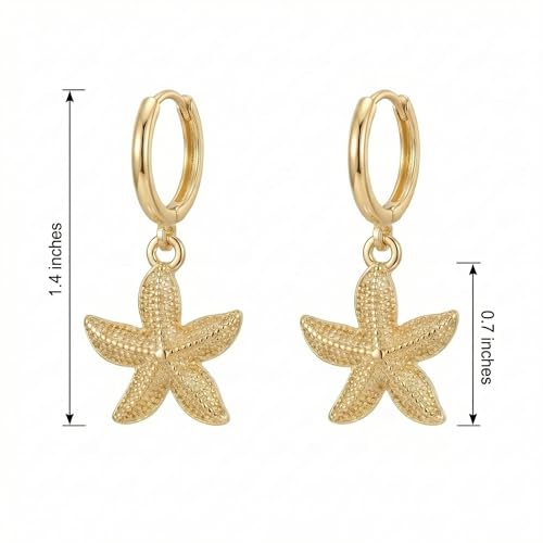 Image of Gold Starfish Mermaid Tail Dangle Drop Earrings for Women, Trendy Cute Pearl Fish Tail Shell Textured Hoop Dangling Earing Summer sea Beach Jewelry Gift.