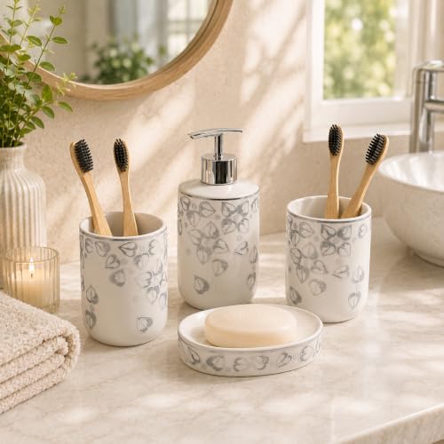 Image of Market99 Ceramic Bathroom Set Glossy White and Grey with Sophisticated Leaf Design, Includes Soap Dispenser, Tumbler, Toothbrush Holder, and Soap Dish for Coordinated Bathroom Style, 300 ML Capacity